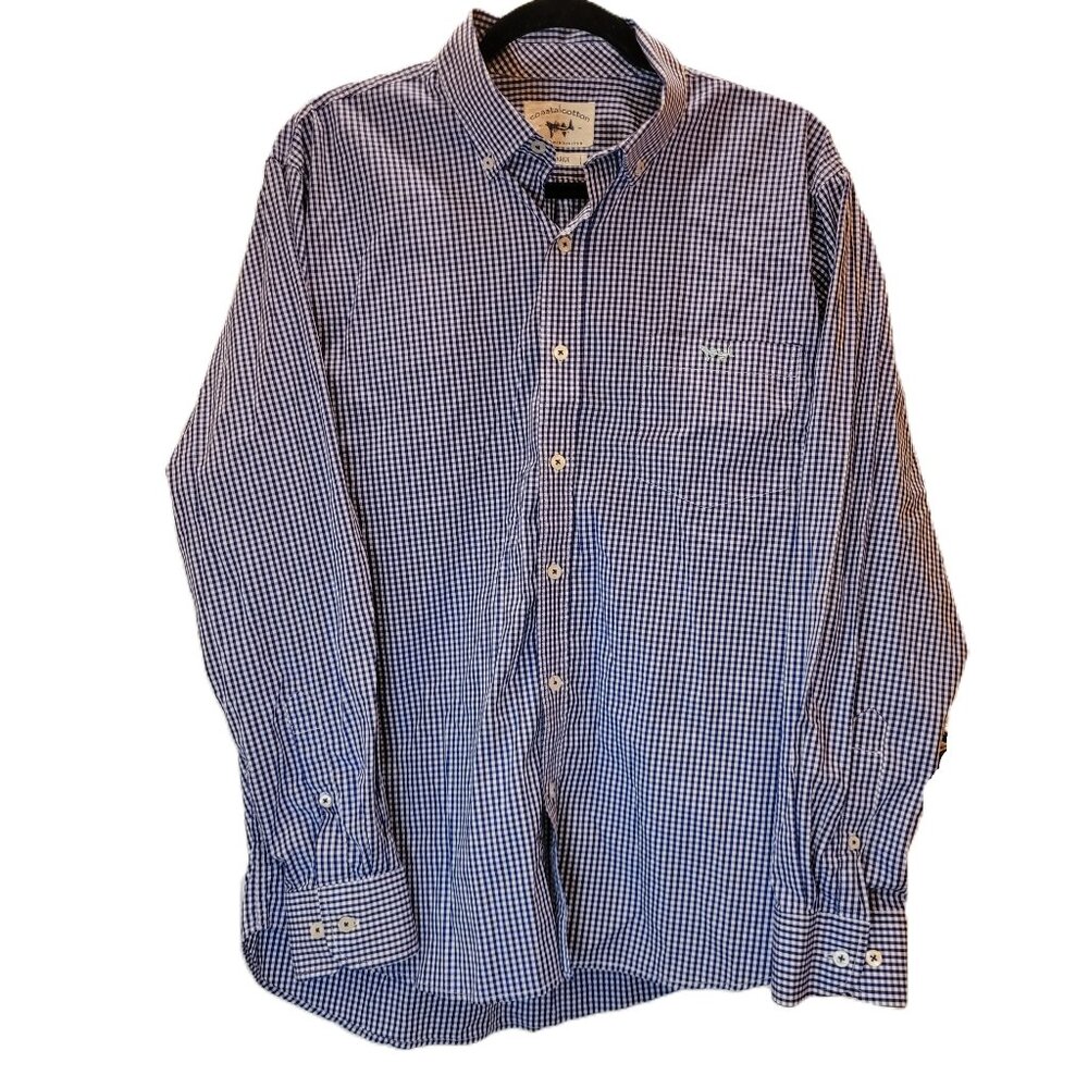 Coastal Cotton Men's Long Sleeve Button Up Navy/White Checkered Size Large